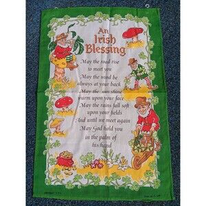 Vintage Irish Blessing Linen Tea Towel Gnomes Christmas Elves Mushrooms Clovers